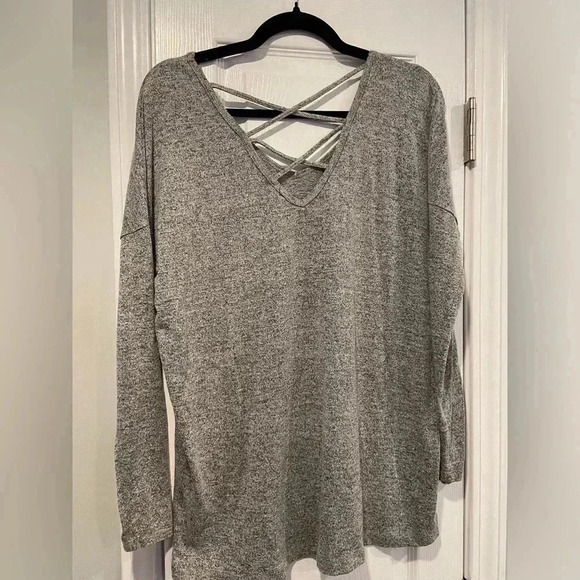 Garage Gray Heather Long Sleeve Open Back V Neck Knit Pullover Size Large - Picture 1 of 8